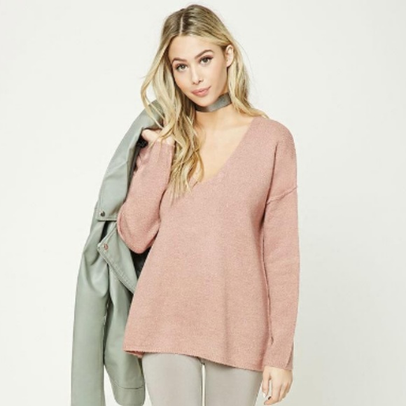 F21 Medium NWT Mauve Taupe VNeck Soft Pink Sweater - Picture 2 of 8